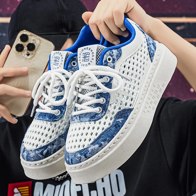 Men's breathable hollow casual shoes summer new skateboard shoes soft-sole outdoor walking shoes fashion sports board shoe