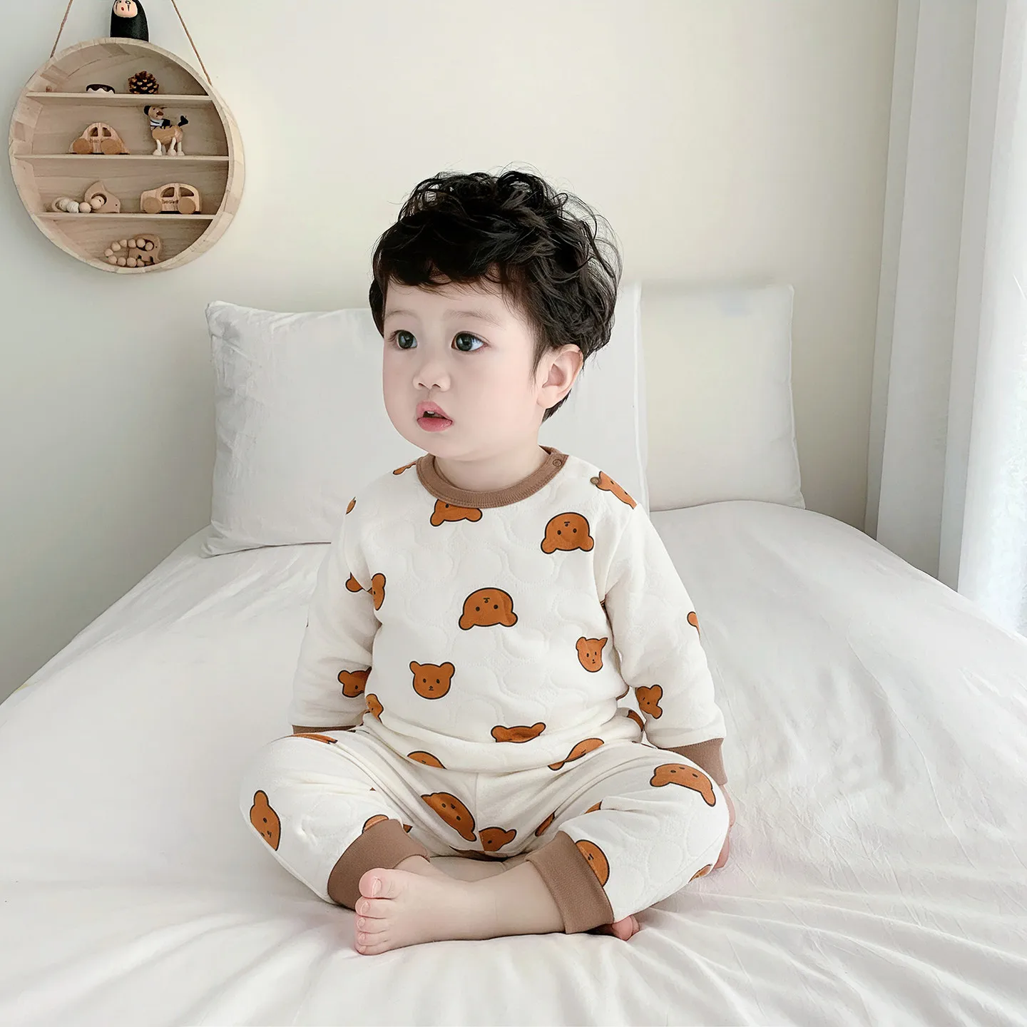 

Child Pajamas Set Winter Quilted Warm High Waist Belly Protection Cartoon Bear Toddler Sleepwear 1-4Y Kids Clothes