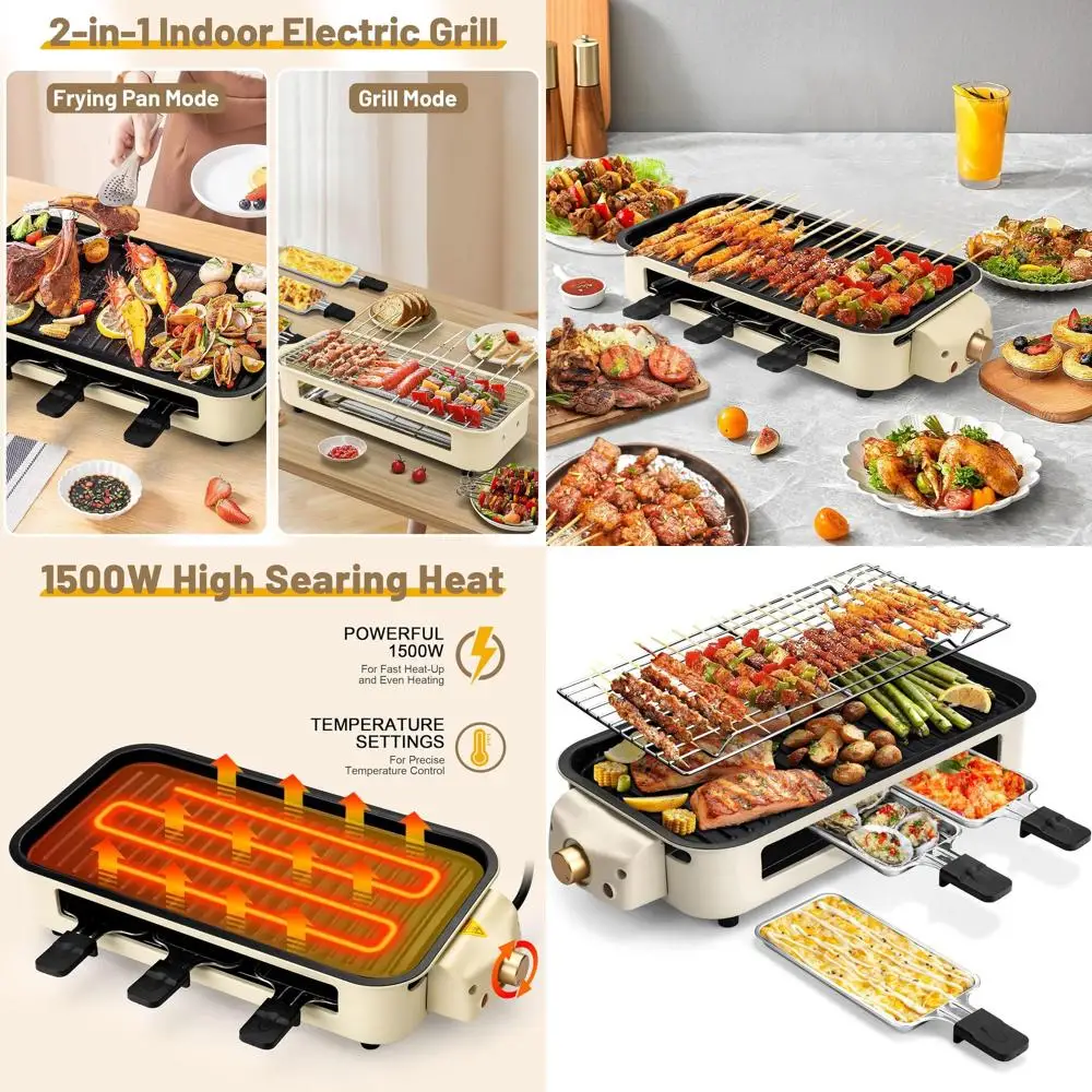 

Dual-Function Indoor Grill with Removable Non-Stick Plate, Adjustable Temperature, Dishwasher Safe, 1700W Smokeless Barbecue