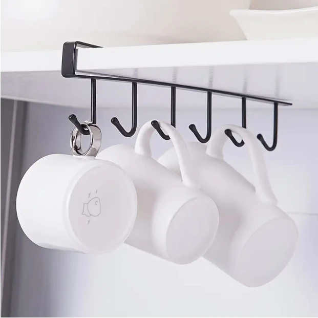 

6 Hooks Storage Shelf Wardrobe Kitchen Bathroom Organizer Iron Metal Under Shelves Hanging Rack Mug Cup Utensils Holder Kitchen