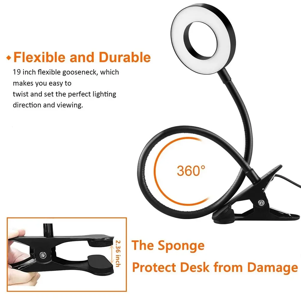 48 LEDs Desk Lamp Clip USB Book Light Flexible Gooseneck Dimming Reading Light Eye Protection Ring Lamp Live Selfie Fill Light