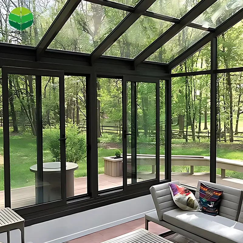 Latest Design Prefab Glass Garden House Lean Black Roof Sunroom with Aluminum Extrusion Profile for Prefab Sunrooms