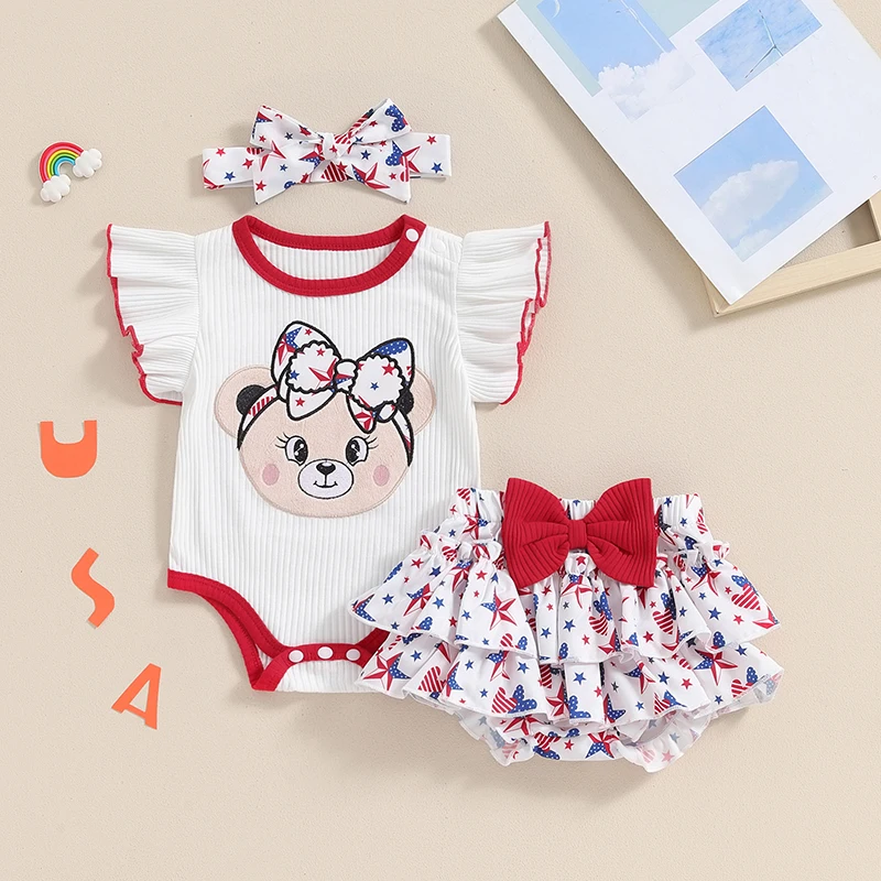 Conjunto del 4 de julio para niña pequeña, bordado de oso, Tops de manga con mosca, estampado de estrellas, dobladillo en capas, pantalones cortos, diadema, trajes de verano