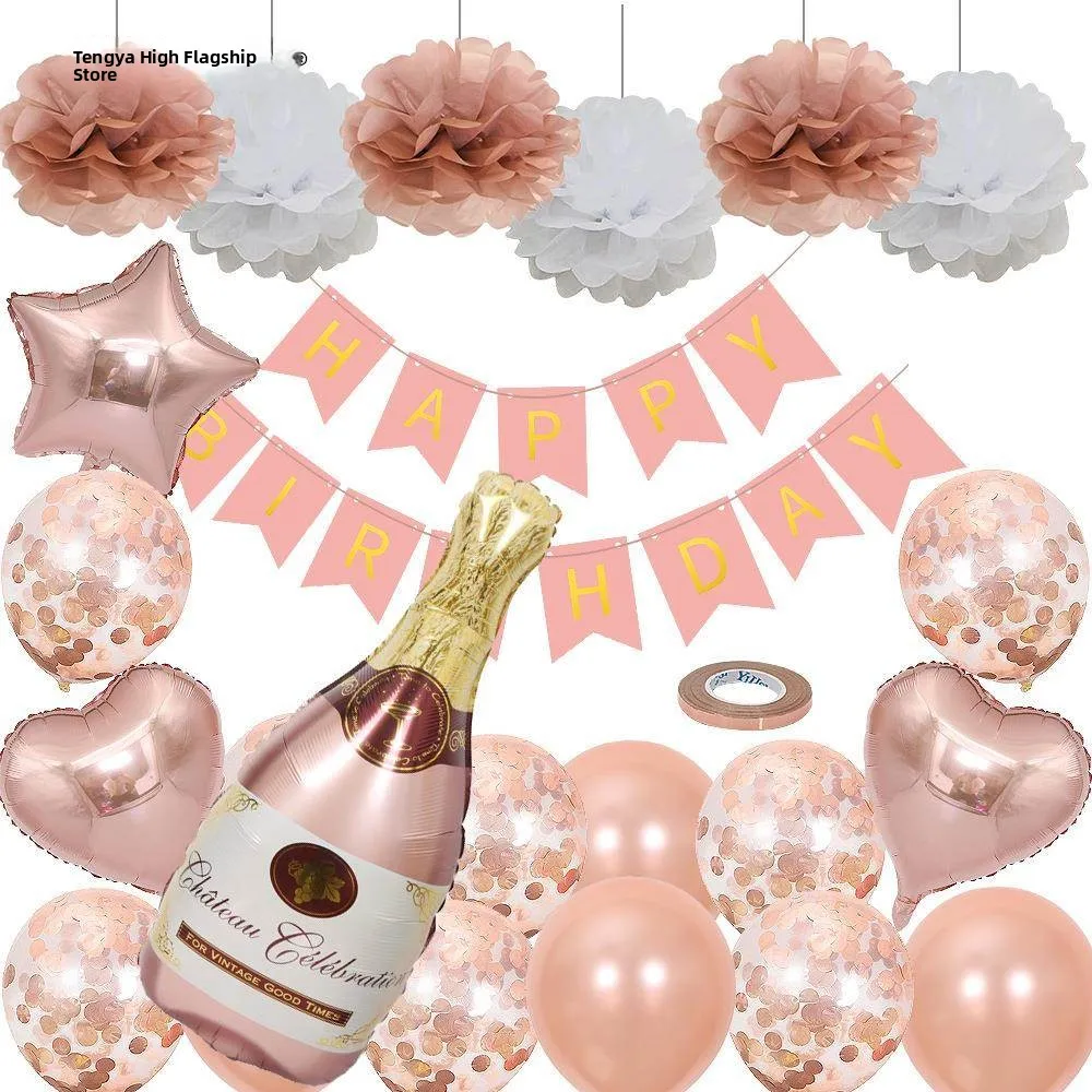 

Small Pink Foil Balloons Birthday Decorations Rose Gold Paper Flowers Bottle Aluminum Foil Balloons Set Outdoor Celebration
