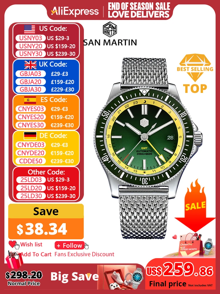 San Martin Original Design 41mm GMT Dive Watch NH34 Automatic Mechanical Quick Release Bracelet Waterproof 200m Luminous SN0119