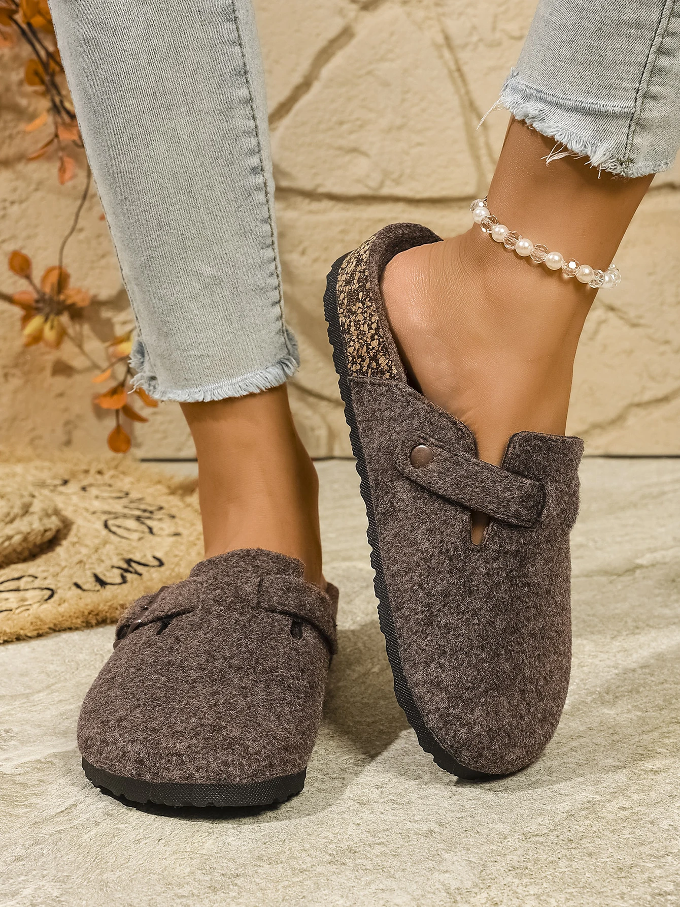 المرأة الربيع والخريف عادية بسيطة الصوف العلوي دافئ ومريح شقة الانزلاق على الفلين الحبوب مغلقة تو النعال البغال