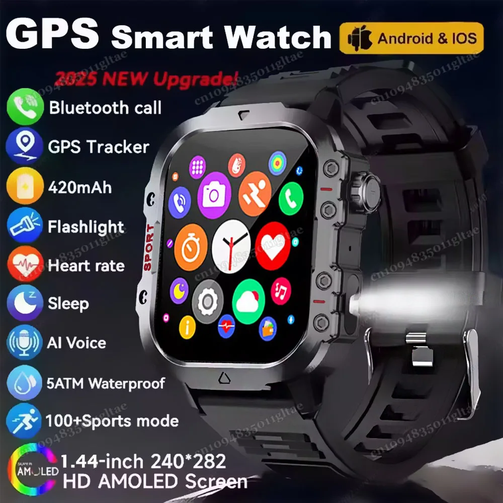 العسكرية ساعة ذكية الرجال IP68 5ATM في الهواء الطلق مصباح ليد جيب Smartwatch الرياضة جهاز تعقب للياقة البدنية مراقبة الصحة 1.44 بوصة BT دعوة ساعة