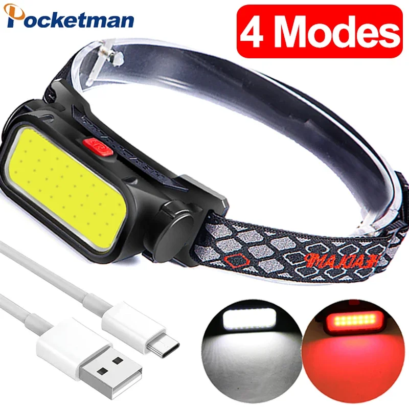 

USB Rechargeable COB LED Headlamp 4 Modes Waterproof Headlight with Red Warning Light Head Lamp for Camping Hiking Fishing