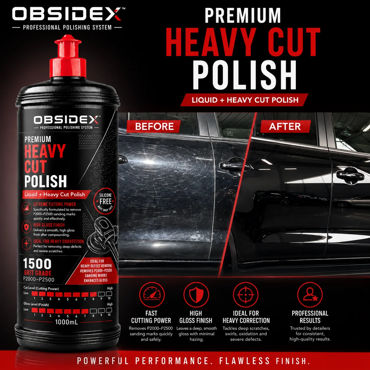 OBSIDEX Professional Heavy Cut Polish – Extreme Cutting Power, P2000–P2500 Sanding Mark Removal, High Gloss Finish (1000mL)