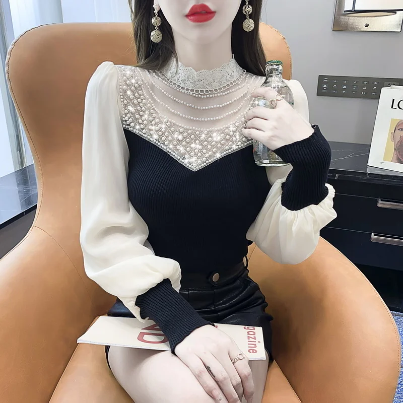 #4301 Chiffon Puff Sleeve Women Short Sweaters Pullovers Half High Collar Pearls Korean Style Slim Knitted Sweater Femme Tight