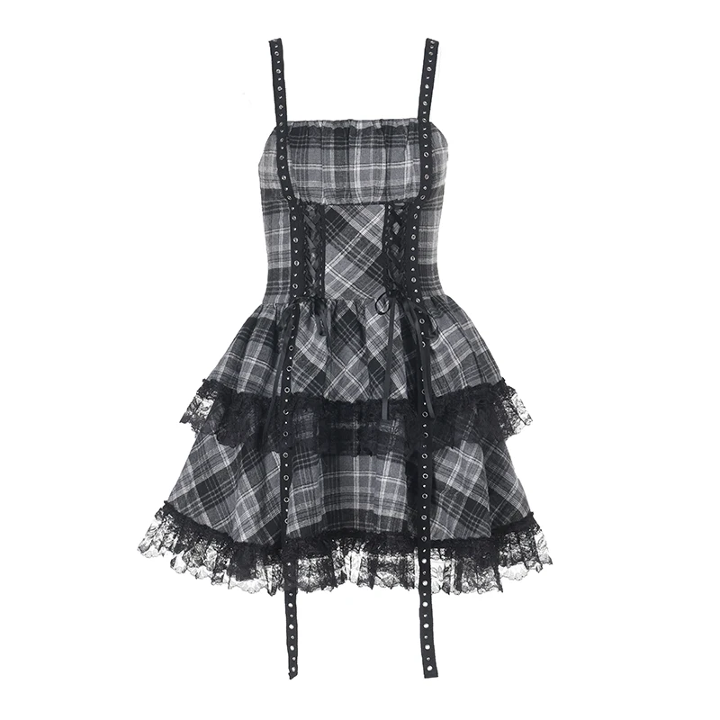 Y2K Goth Grey Plaid Lace Trim Mini abito Estetico sexy senza maniche Backless Lace-up A-Line Abito corto Donna Moda estiva