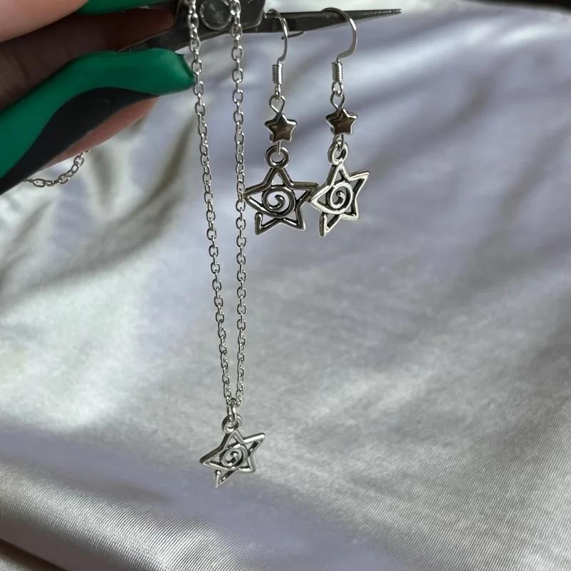 Y2K Whimsygoth Silvery Star Earrings or Necklace Set, Spiral Pentagram Unique Goth Handmade Jewelry, Gifts for Her