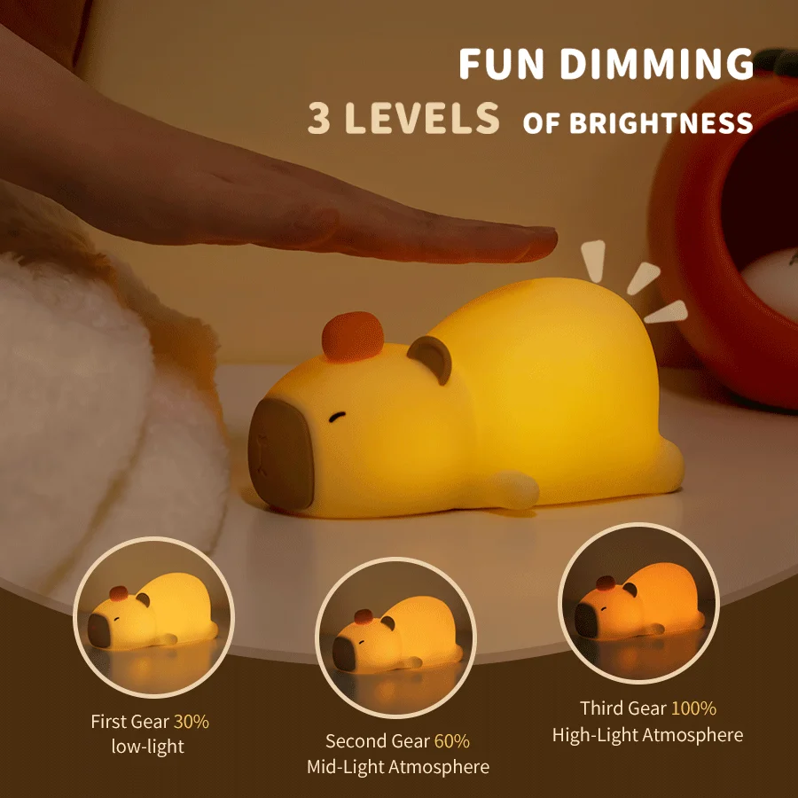 Cute Cartoon Silicone LED Capybara Night Light USB Rechargeable Dimming Sleep Night Lamp For Bedroom Desktop Decoration Gift