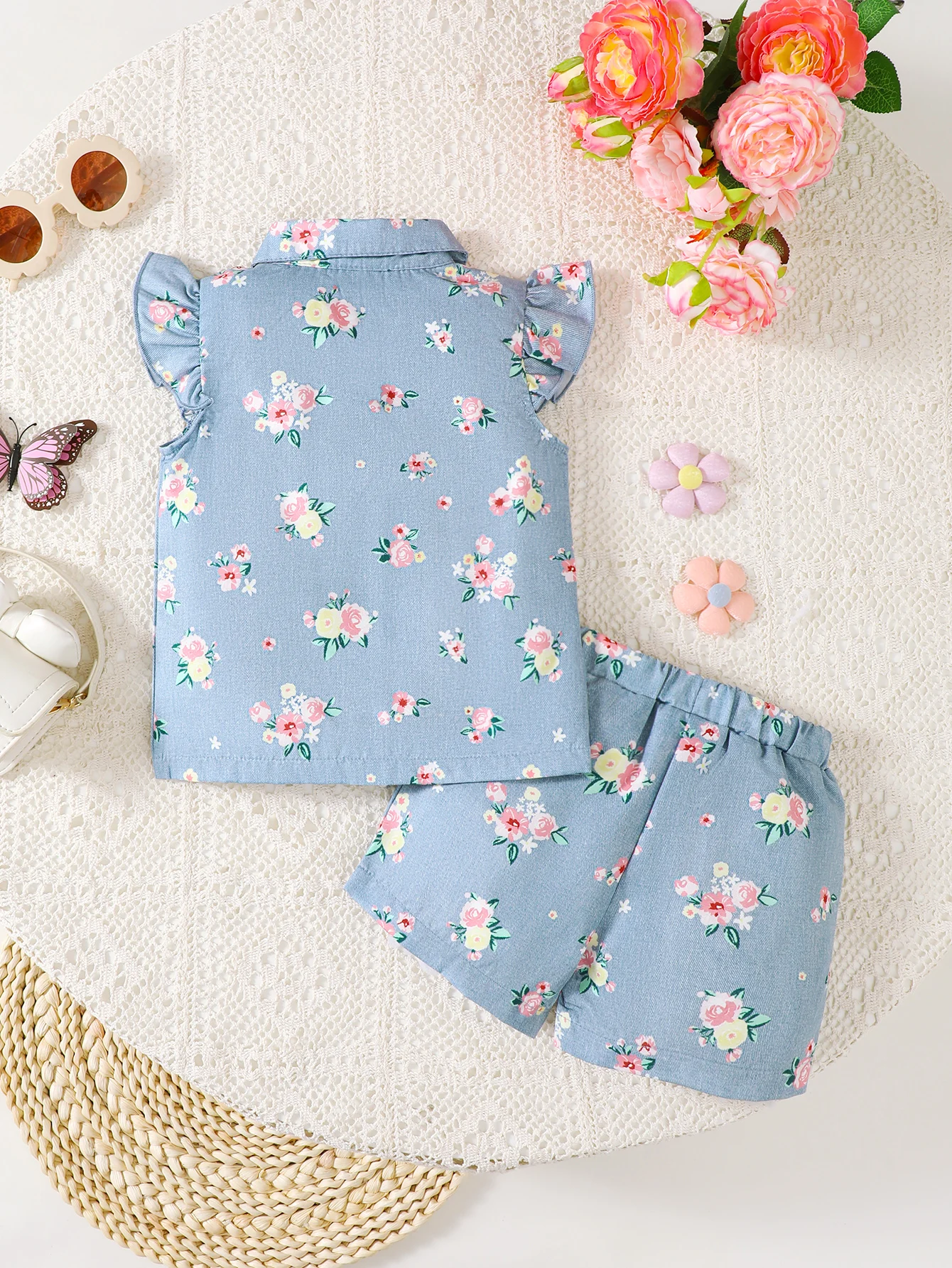 Fashion Baby Girl 2PCS Floral Print Outfit Set Ruffle Sleeve Button Down Shirt + Shorts for 0-3Y Newborn Casual Summer Clothes