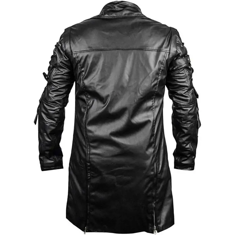 Long Leather Jacket Men Gothic Vintage PU Leather Trench Coats Fashion Moto Biker Outwear Mens Punk Style Motocycle Jackets Man