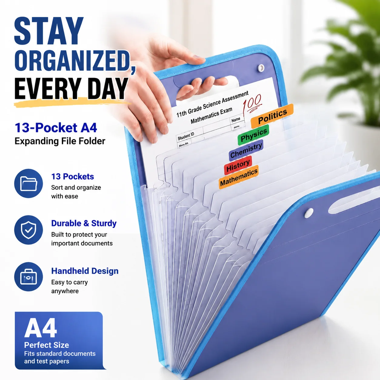 13-Pocket A4 Expanding File Folder, Handheld Vertical Document Organizer Pouch for Paper Sorting & Test Paper Classification