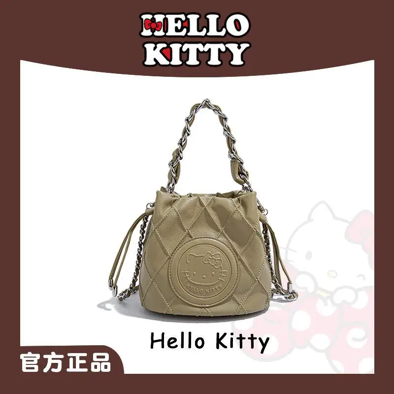 Kawaii Sanrio Hello Kitty Women's Handbag Cartoon Chain Bucket Bag Large Capacity Shoulder Bag Limited Edition Diamond Grid Bag