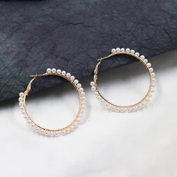 Mini Pearl Beads Women's Hoop Earrings Oversize Exaggerated Loop Earrings for Female Bohemian Ear Decoration Female Ear Jewelry