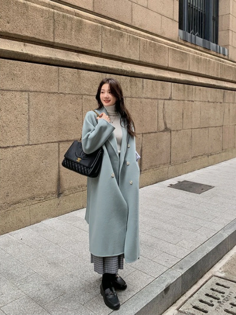 Casaco de caxemira longo e solto feminino, casaco de lã clássico, outerwear frio, moda de rua chinesa coreana, outono, inverno, 2023