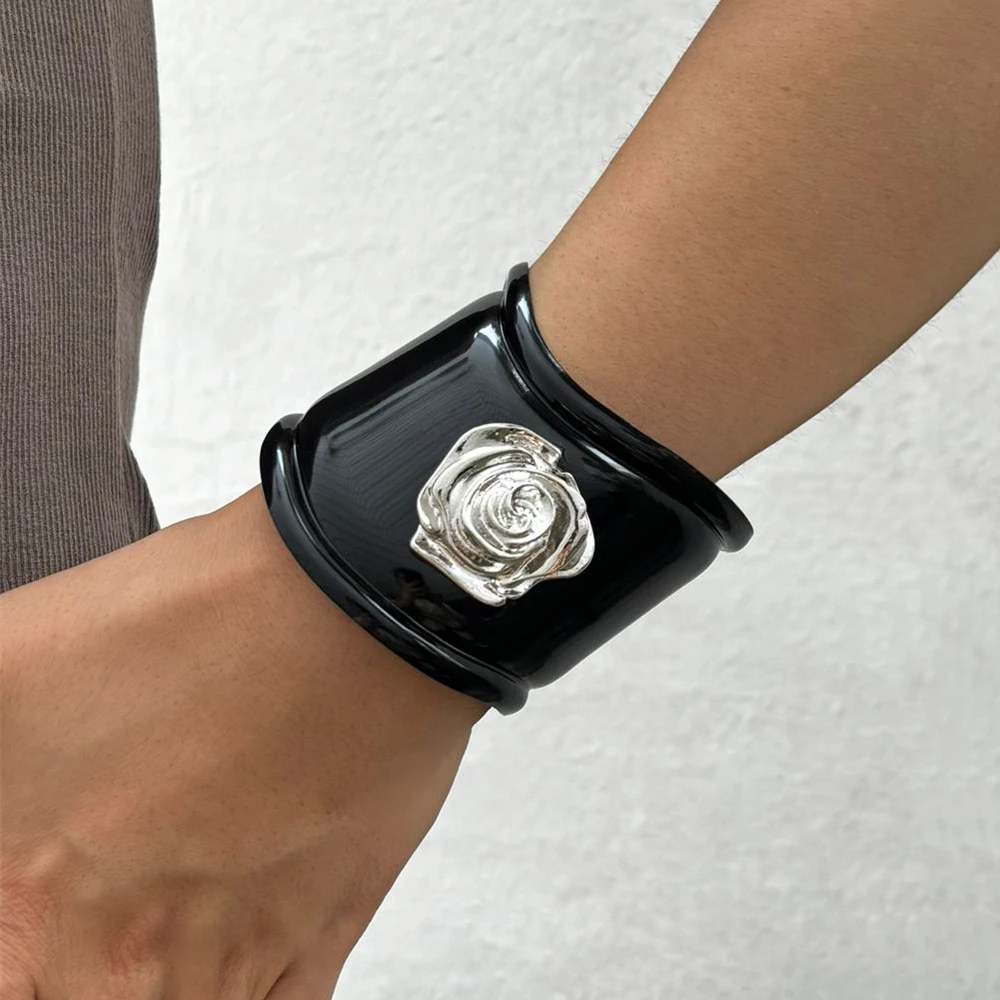 Vintage Irregular Rose Flower Black Open Bracelets Bangle for Women Men Hip-hop Punk Metal Jewelry Travel Accessory
