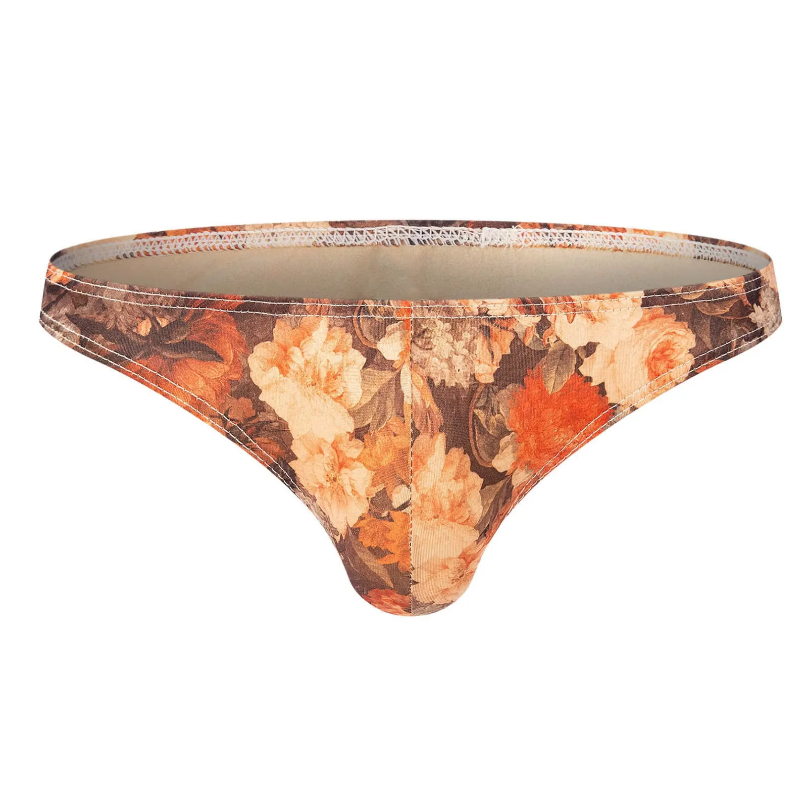 Men's Bulge Vintage Court Style Printed Briefs Milk Silk High Elastic Low-Rise Thong Bikini Underwear Sissy Porn High Fork Tanga