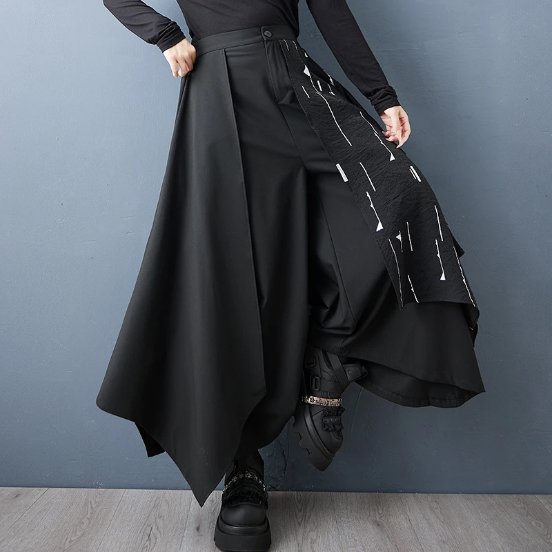 k Sle Faion Pantalones asimétricos de pierna ancha Falda de cintura alta Nine puntos Poliéster Mezcla de algodón Estampado sin piel Casual Pan...