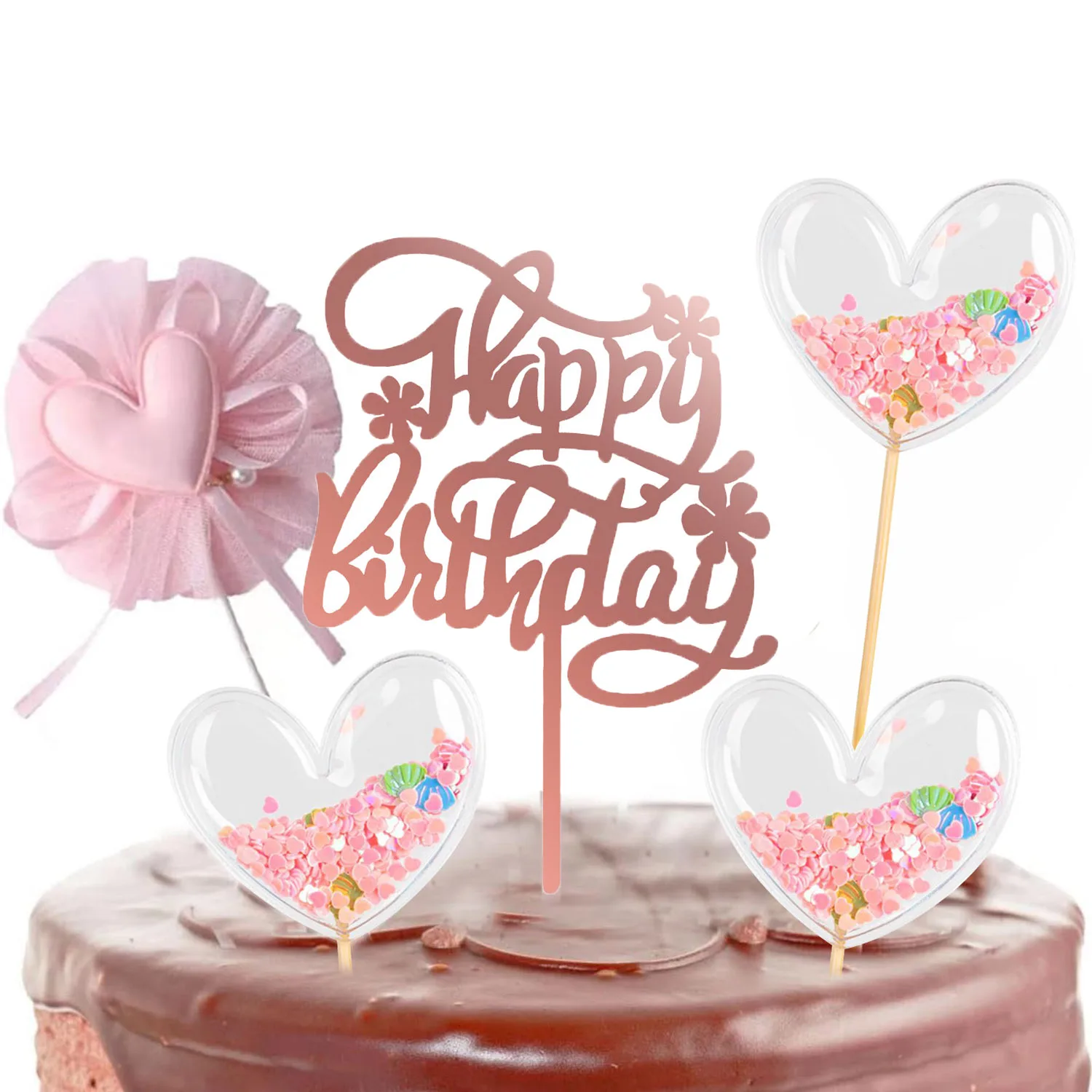 PinkHeart Happy Birthday Cake Topper  Birthday Cake Topper Lovely Heart Cupcake Toppers Picks Pink Cake Decorations for Birthday