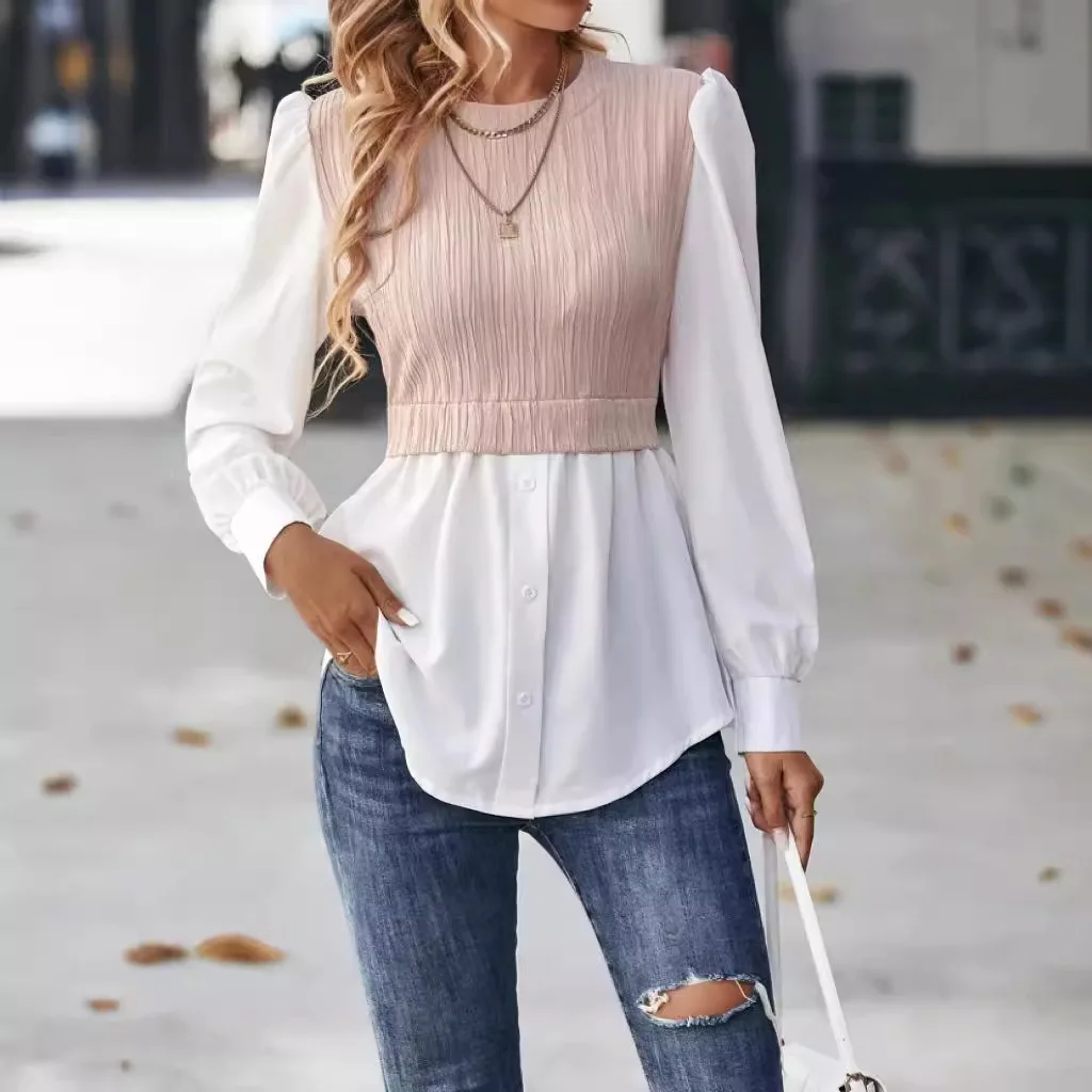 Elegant Women Blouse Long Sleeve Shirts Stripe Patchwork Fashionable Top Women's Shirt Camisas Mujeres Tendencias Blusa Feminino