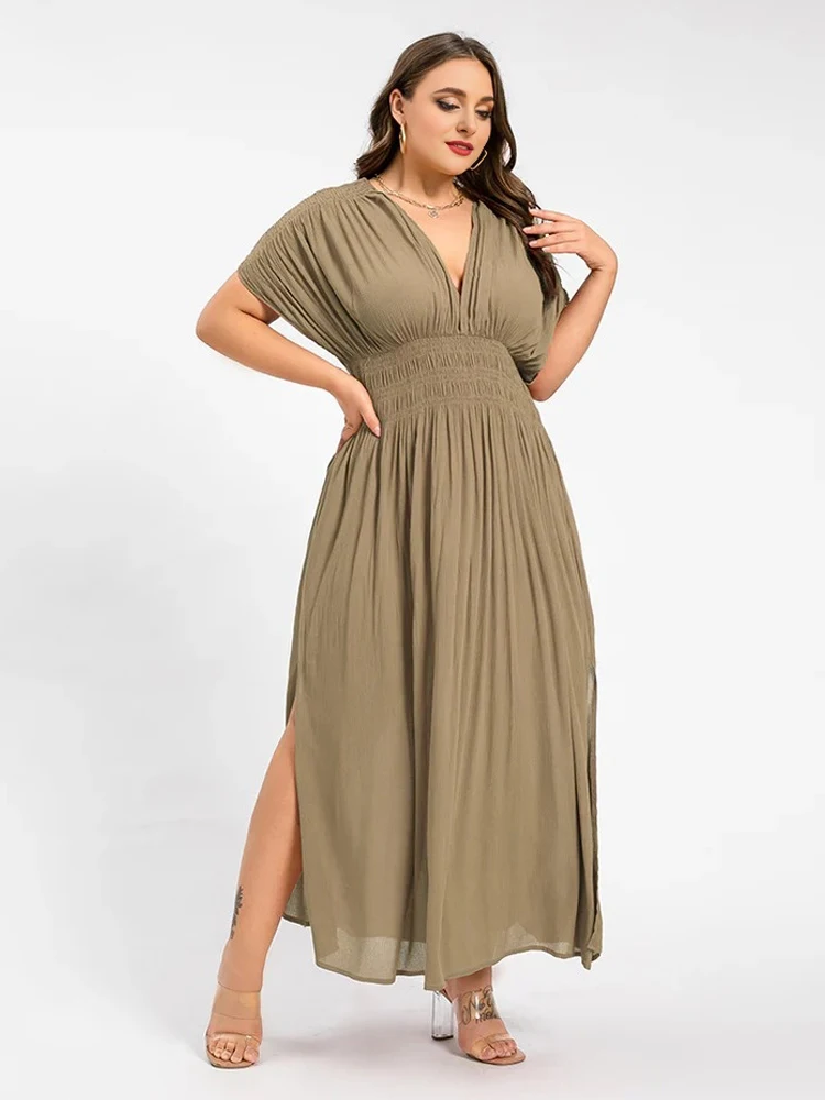 2025 original design fashionable women's dress plus champagne color pleated chiffon dress casual vacation women's long skirt