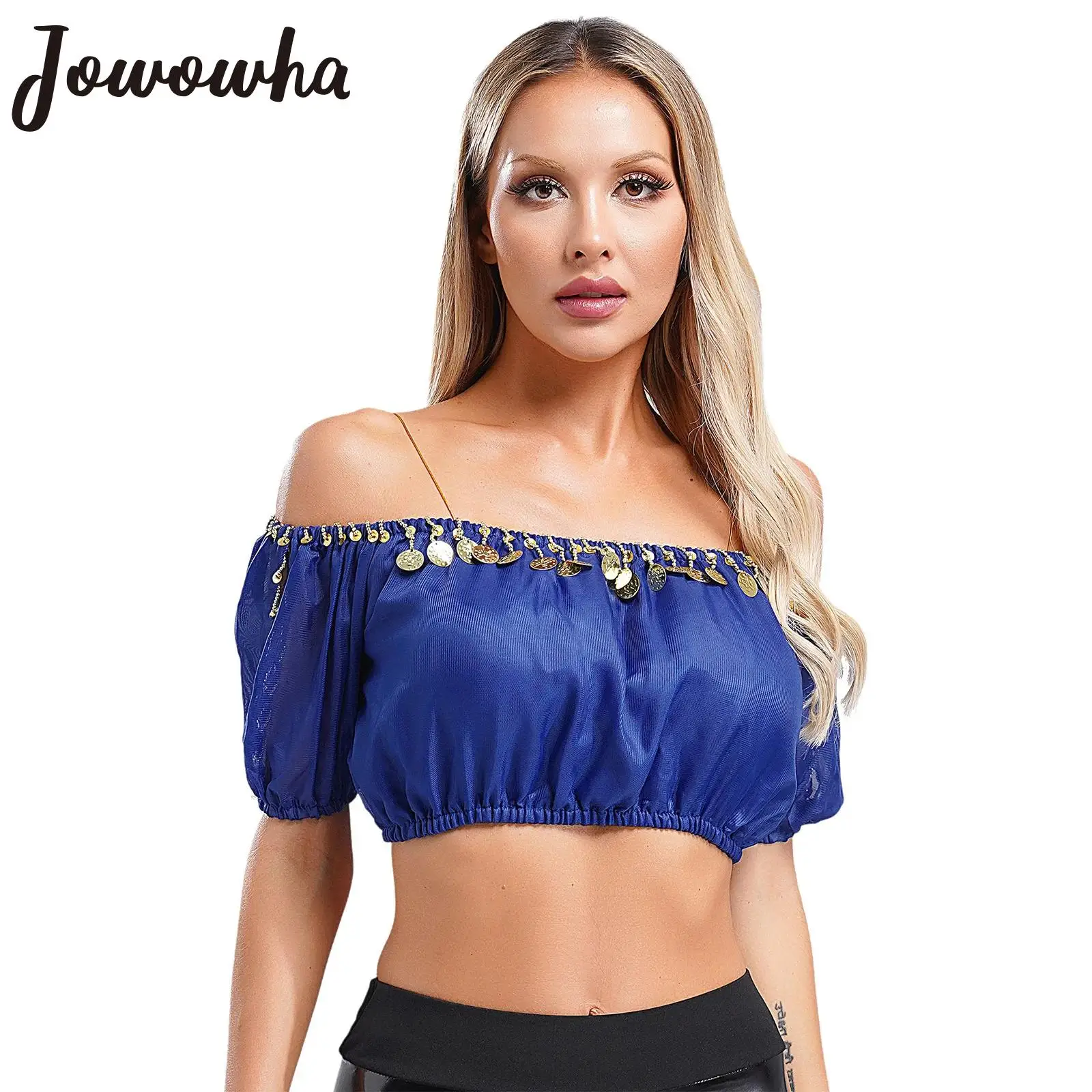 

Womens Belly Dance Crop Top Puff Short Sleeves Sequins Beads Tops for Halloween Carnival Festival Theme Party Stage Performance