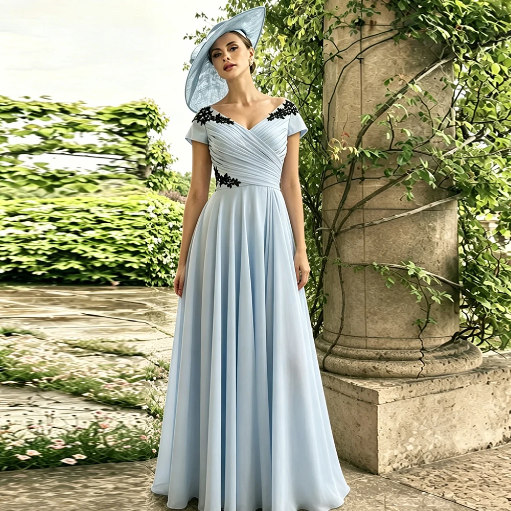 

Sky Blue Mother of the Bride Dresses Chiffon Wedding Party Gowns Lace Up Back Cap Sleeve Long Prom Dress Vestido De Customized