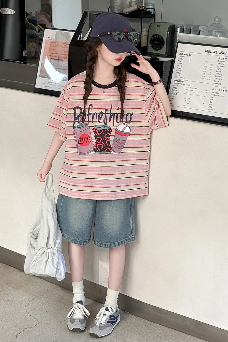 Mädchenanzug Sommer 2026 Süßes Niedliches Cartoon-Print Kurzarm-T-Shirt und Jeans-Shorts Zweiteiliges Set Kinderkleidung – Detail 8