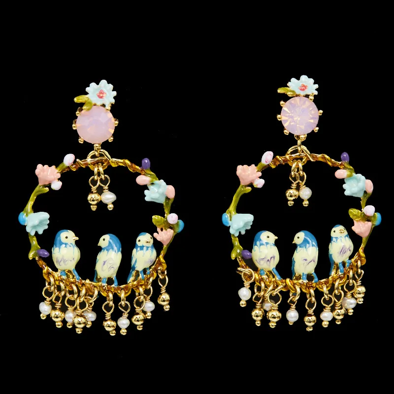 

New Trendy Forest Cute French Fashion Temperament Enamel Glaze Blue Tit Bird Opal Pink Freshwater Pearl Tassel Pendant Earrings