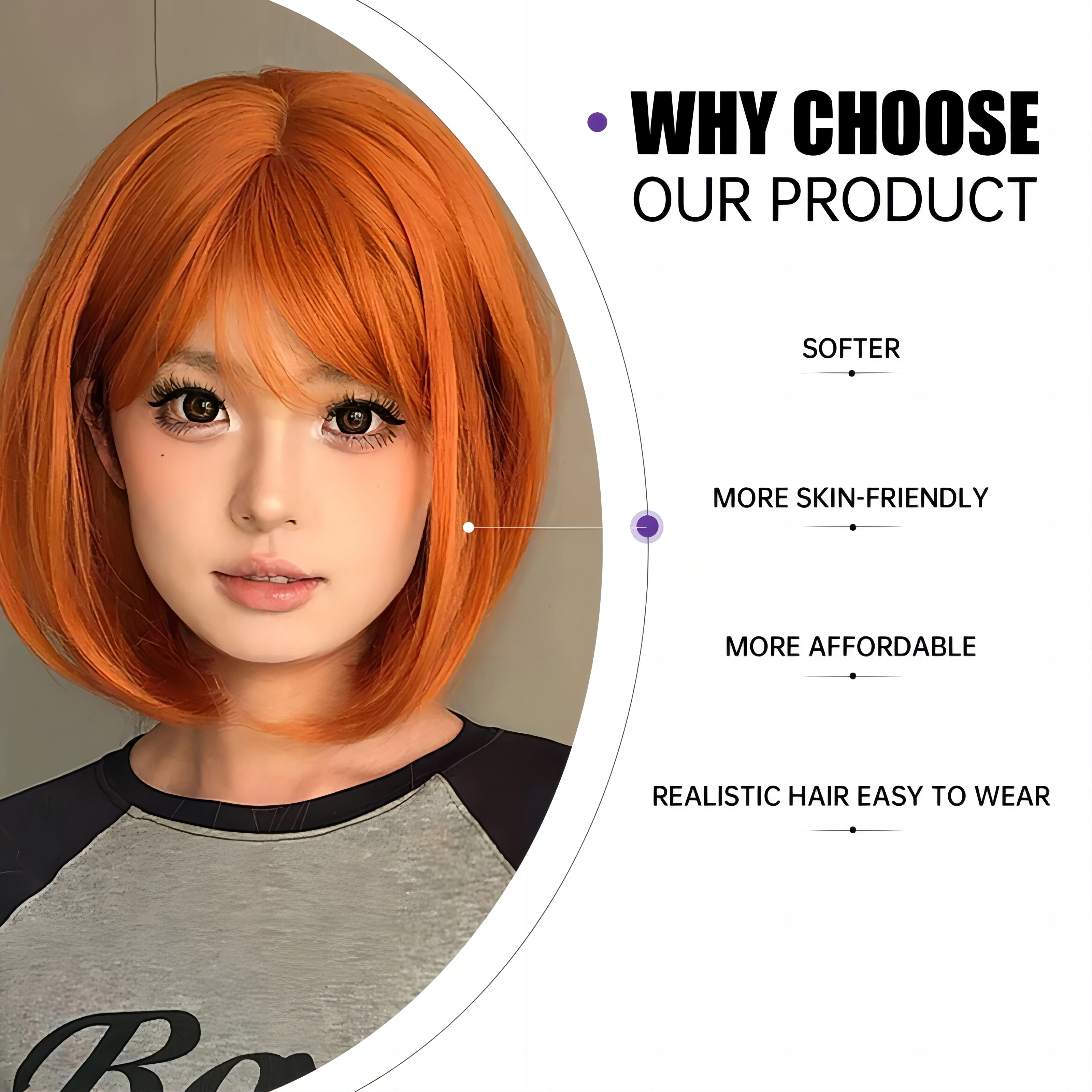 Orange Synthetic Wig Short Straight Lolita Wig Natural Bangs Halloween Bob Hair Women Cosplay Daily Wear Full Headgear