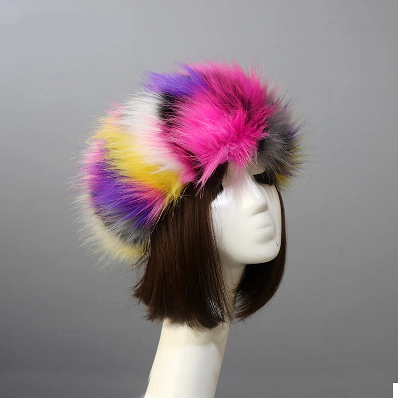 Colourful Pink Women Winter Warm Faux Fox Fur Hats Visor Cap Fluffy Fur Fashion Russian Style Female Round Cap Headgear Fur Caps