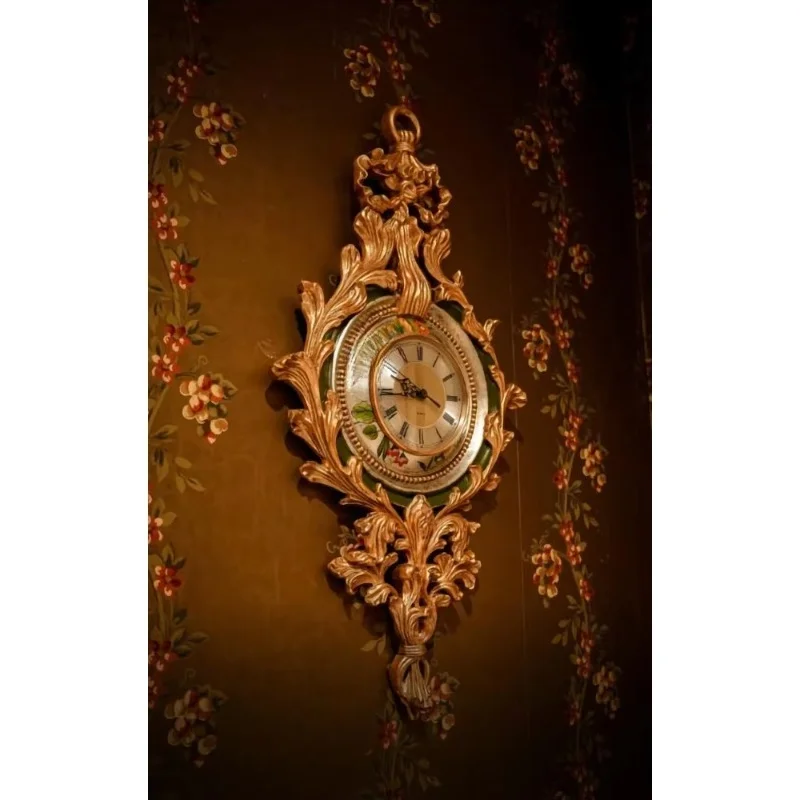 Luxury antique wall clock classical carving style hand-painted flower pattern living room home decoration