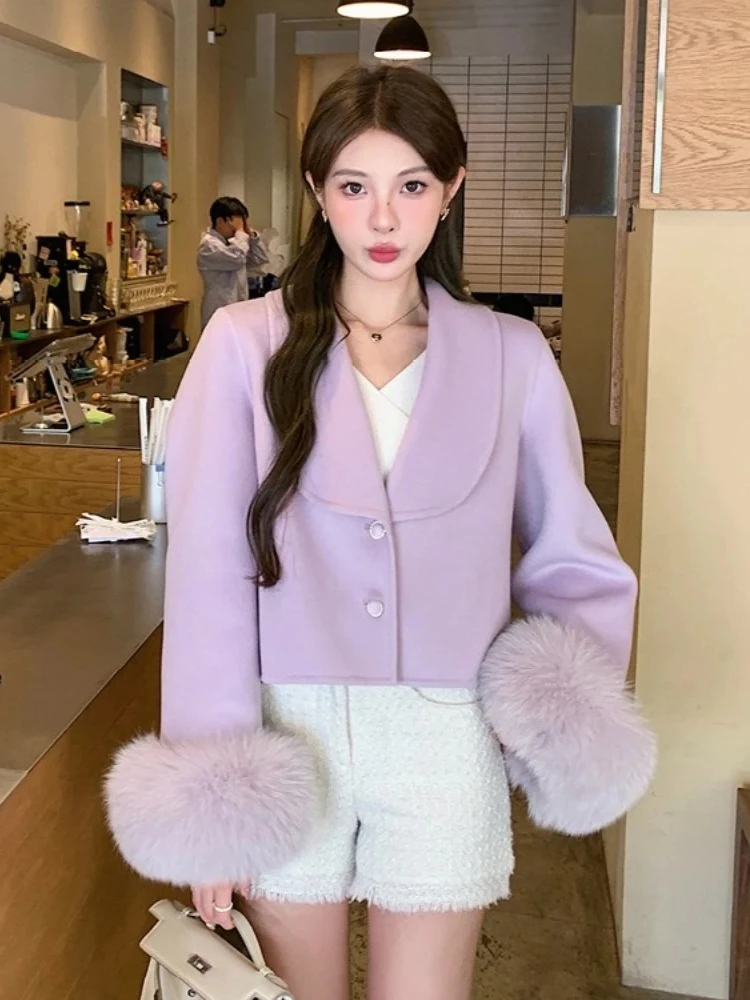 

2025 Women Short Real Fox Fur Cuff Woolen Blends Jacket New Autumn Winter Clothes Fashion Warm Fur Collar Cashmere Wool Coat