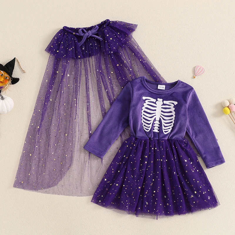 Bambine Halloween velluto Puffy Mesh Dress scialle scheletro stampa paillettes maglia girocollo manica lunga abiti da principessa