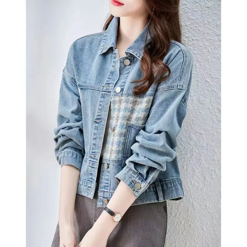Denim Coats Women Short Coat Casual Turn Down Collar Full Sleeve Y2k Streetwear Jackets Work Elegant Splice Jacket 2025 Autumn