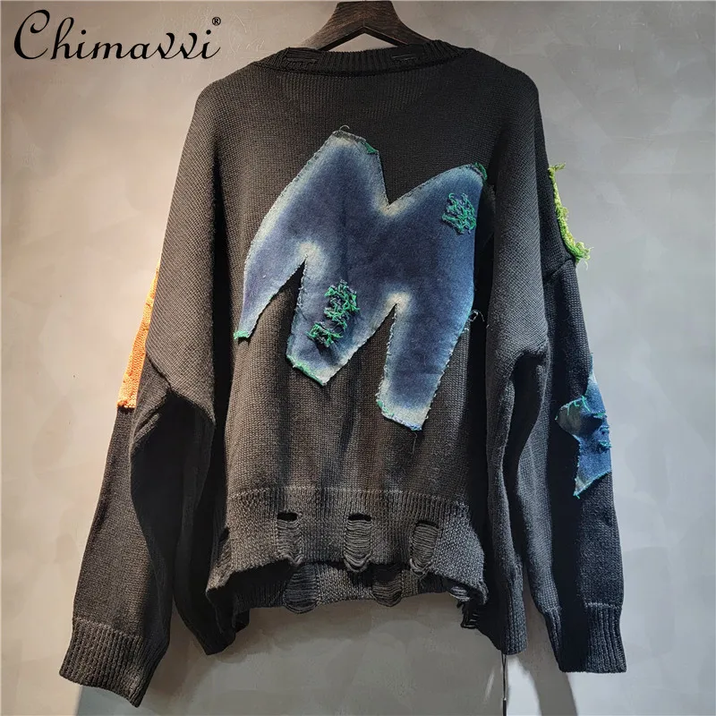 Loose Patch Splicing Contrasting Color Ripped Round Neck Long-sleeved Knitted Tops Autumn Fashion Loose Pullover Sweater Women