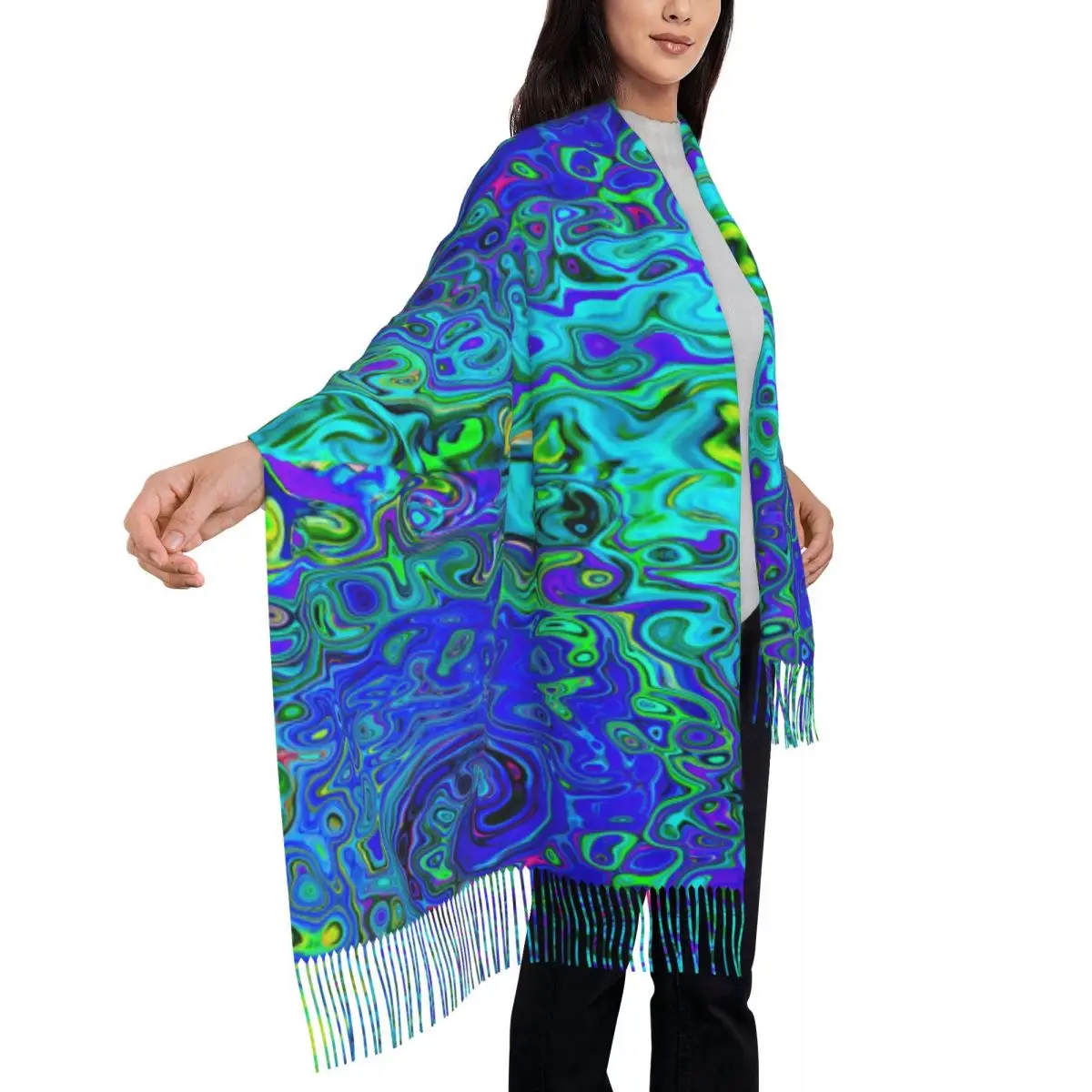 

Men Women Scarf Warm Hippy Violet Print Head Scarves with Long Tassel Abstract Liquid Swirl Casual Shawls Wrpas Winter Foulard