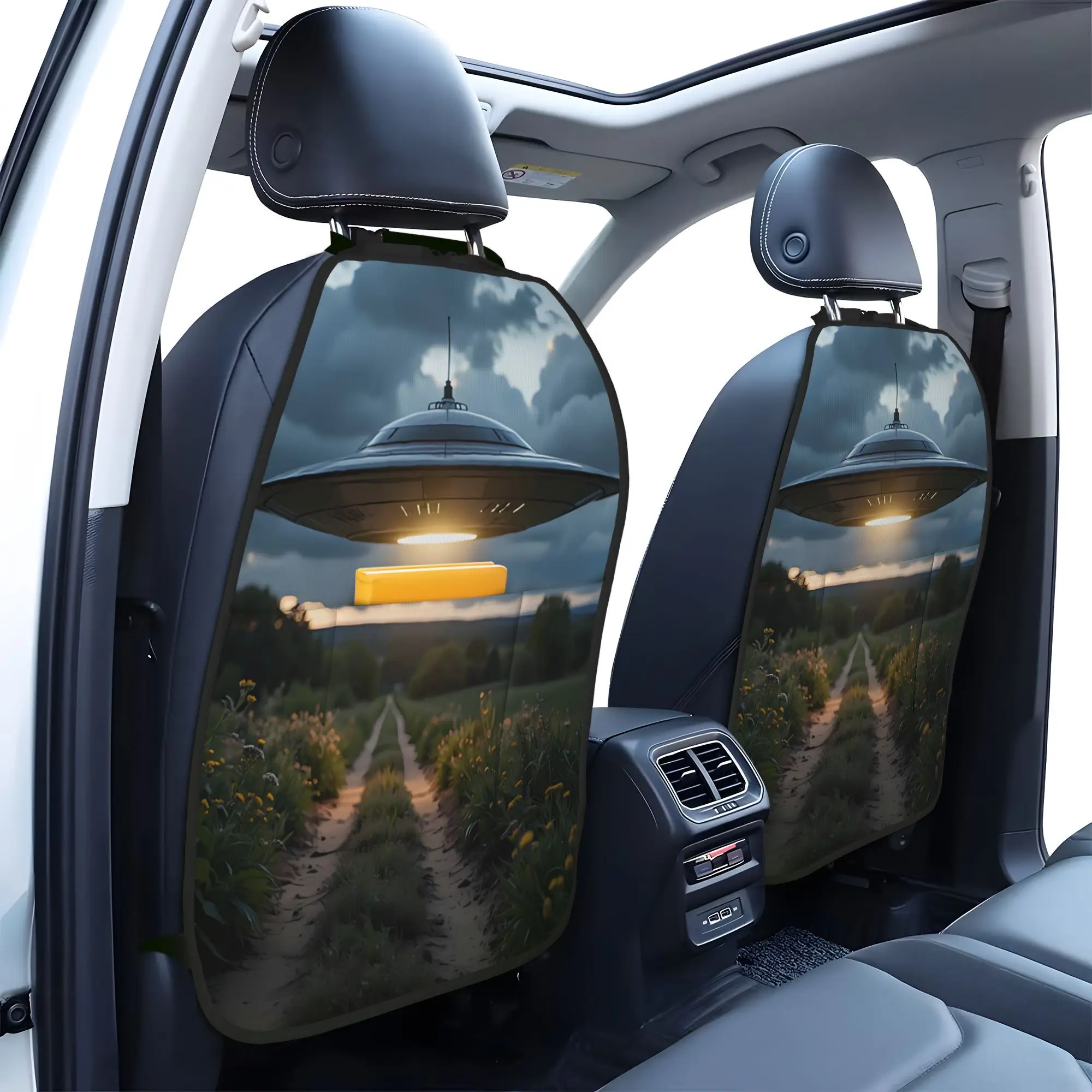 Set Of 2 Kick Mats For Car Seats With Organizer - Backseat Protectors Featuring Alien Spaceship Sunset Design, Waterproof And Id