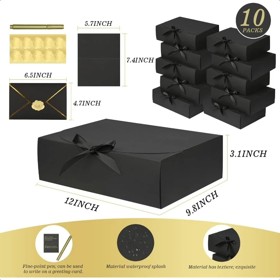 10 Pack Large Black Gift Boxes with LidBridesmaid Proposal Box with Envelopes and Cards Pen Sticker for Groomsmen Proposal Wedd