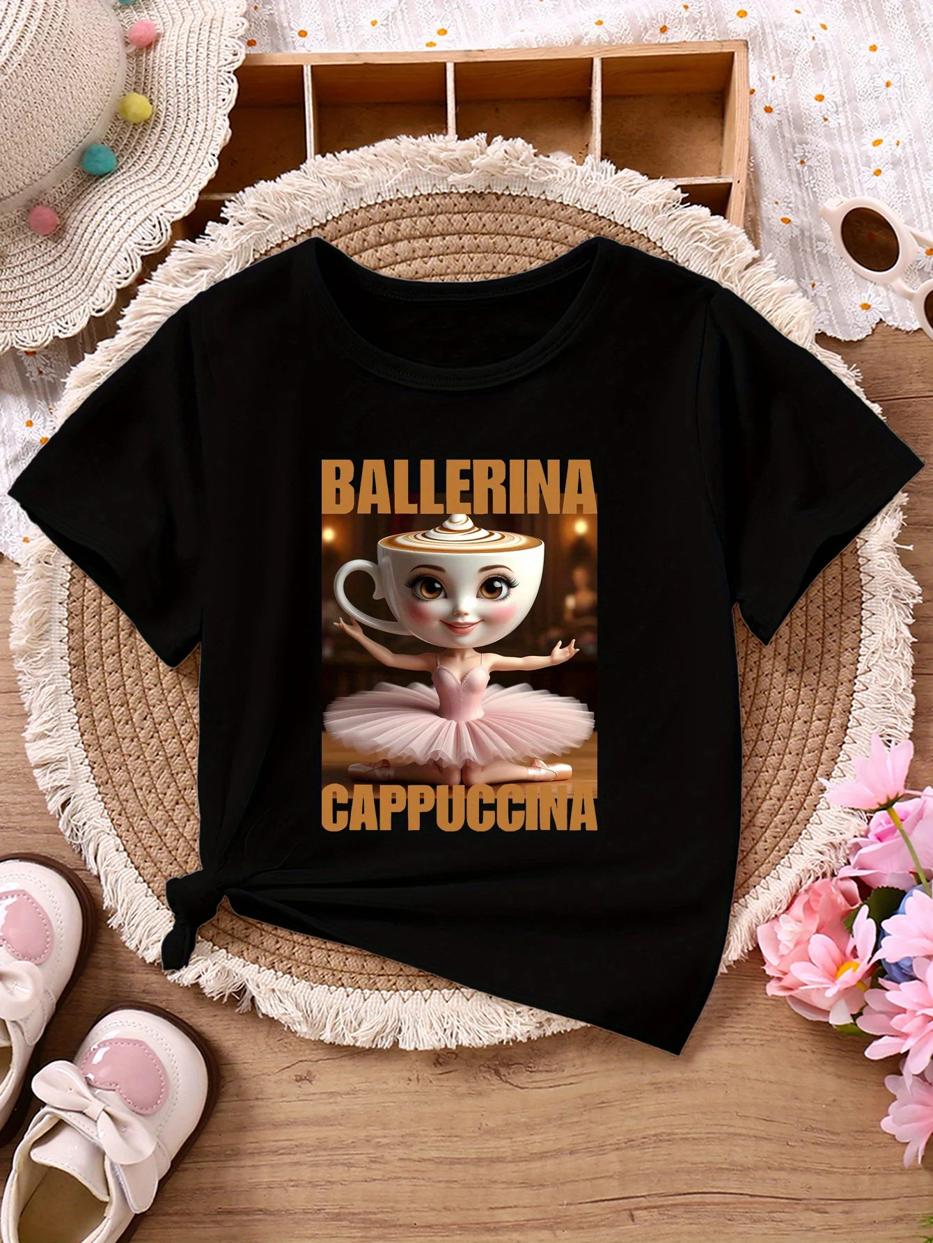 

Summer Ballerina Cappuccino Print Children T-shirt Casual Short-sleeve Tshirt Italian Brainrot Cartoon Baby Girl Top Boy Clothes