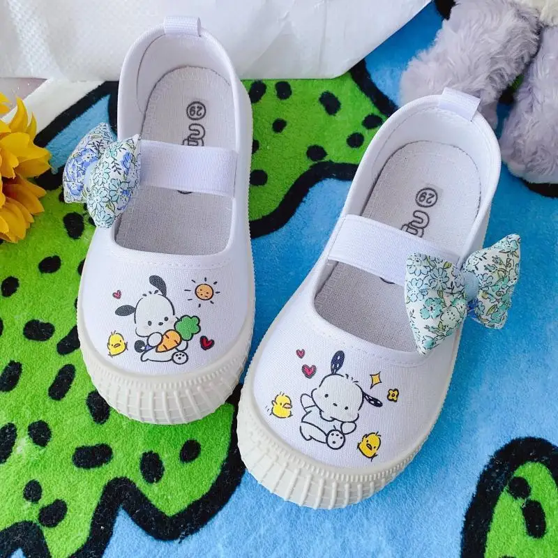 Sanrios Kuromi Cinnamoroll My Melody Pompom Purins Cartoon Cute Children\\\\\'s Canvas Shoes Kindergarten Kids Indoor White Shoes