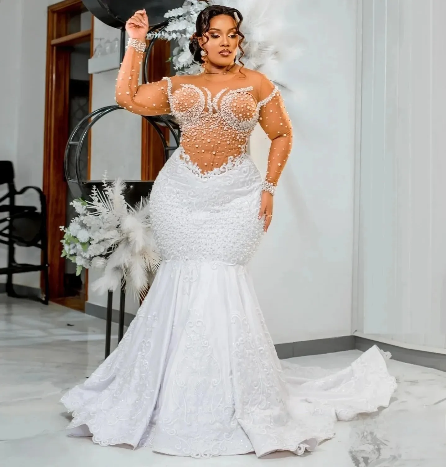 

Sexy Mermaid Wedding Dress Sheer O-Neck Pearls Lace Appliques Tullle Bride Bridal Gowns African Robe Mariage Vestidos De Noiva