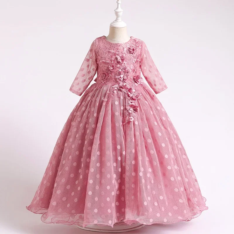 Vestido de manga larga para niños, vestido completo de lunares, flores decorativas, estilo de princesa británica, otoño e invierno, nuevo