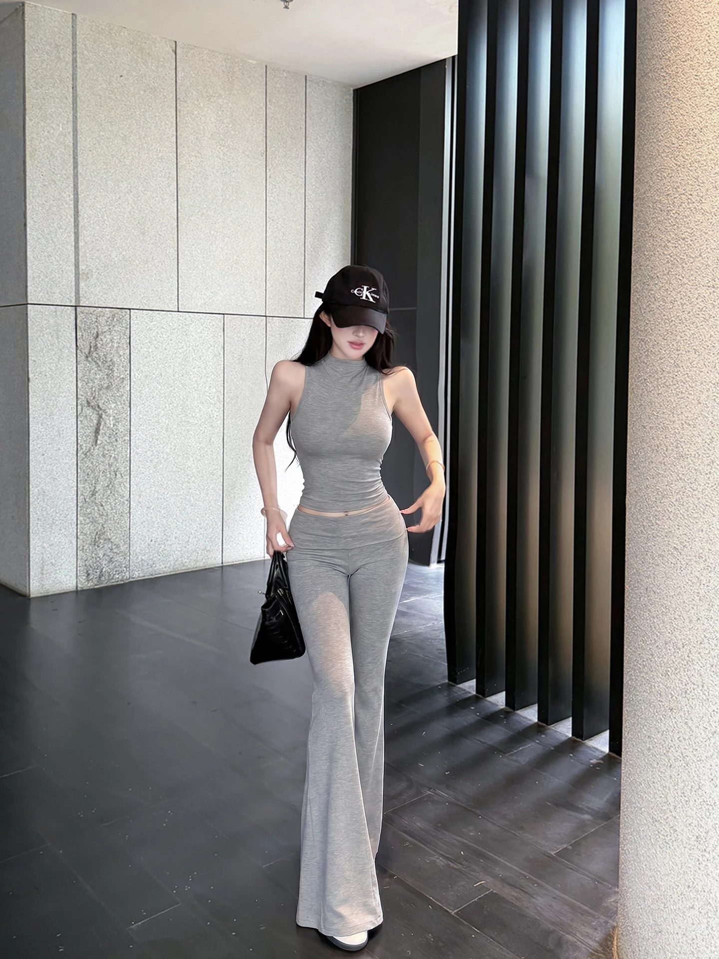

Black Strawberries Grey High Waist Bell Bottoms Women's Summer Spicy Girl Style Vest And Pants Set Sleeveless Half High Collar