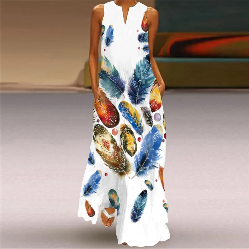 Elegant Wind Chime Printed White Long Dress 2024 Fashion New Women 3D Printed V-neck Loose Casual Beach Dress Платье Женское