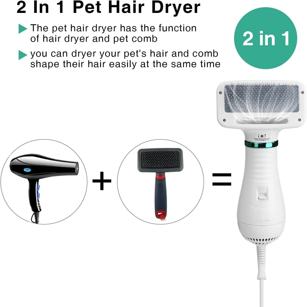 Pet Hair Dryer 2 in 1 Quiet Portable Pet Grooming Blower with Slicker Brush 2 Heat Setting Pet Hair Removal Comb Home Pet Care